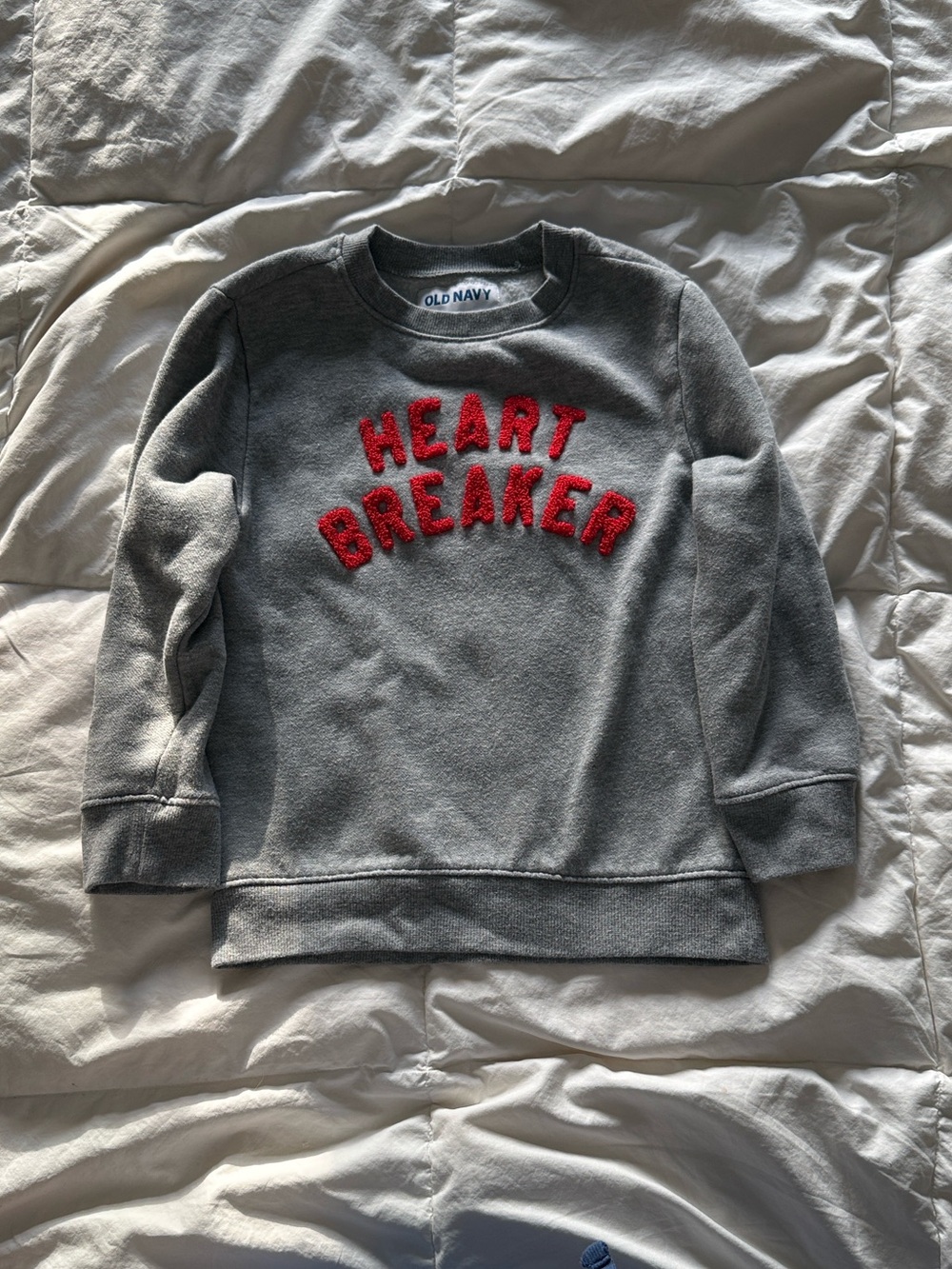 Old Navy Gray Crewneck Sweater with Red 'HEART BREAKER' Appliqué